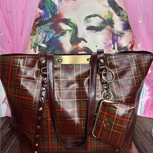 Patricia Nash Red and Brown Plaid Tote with Coin Purse.